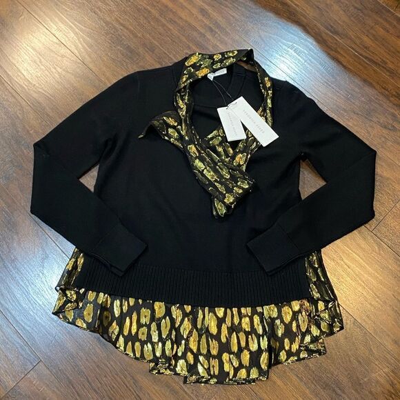 NWT Veronica Beard Black Gold Merino Wool Silk Concord Mixed Media Sweater - Picture 4 of 7